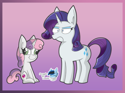 Size: 1375x1019 | Tagged: safe, artist:snuggleb4cuddle, derpibooru import, rarity, sweetie belle, pony, unicorn, belle sisters, derp, duo, duo female, female, gradient background, rarity is not amused, siblings, sisters, sitting, unamused