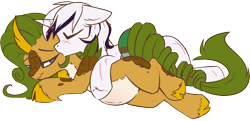 Size: 2059x994 | Tagged: safe, artist:beardie, derpibooru import, oc, oc only, oc:eldorada, oc:yiazmat, kirin, pony, unicorn, couple, eyes closed, female, horn, interspecies, kirin oc, kissing, lying down, male, oc x oc, pregnant, scar, shipping, simple background, smiling, stallion, straight, transparent background, unicorn oc