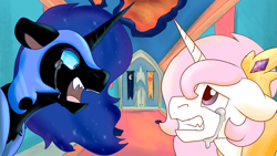 Size: 1919x1079 | Tagged: safe, artist:euspuche, derpibooru import, nightmare moon, princess celestia, alicorn, pony, angry, crying, looking at each other, sad, young celestia