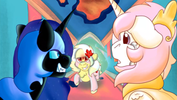 Size: 1919x1079 | Tagged: safe, artist:euspuche, derpibooru import, nightmare moon, princess celestia, oc, oc:carmen garcía, alicorn, pony, angry, crying, looking at each other, portal, sad, young celestia