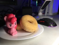 Size: 4032x3024 | Tagged: safe, derpibooru import, pinkie pie, earth pony, mouse, pony, breakfast, candy, cutie mark crew, donut, food, happy meal, irl, mc donald's toys, mcdonald's happy meal toys, photo, photography, solo, sweets, toy, tygrysekg
