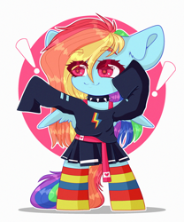 Size: 2000x2400 | Tagged: safe, artist:etoz, derpibooru import, rainbow dash, pegasus, pony, belt, bipedal, blouse, choker, clothes, cute, dashabetes, female, happy, mare, skirt, smiling, socks, solo, stockings, striped socks, striped stockings, thigh highs, wings