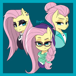 Size: 1700x1700 | Tagged: safe, artist:hrukii, derpibooru import, fluttershy, pegasus, pony, alternate hairstyle, bust, ear piercing, earring, female, fluttergoth, frown, glasses, hipstershy, jewelry, lidded eyes, looking at you, mare, piercing, severeshy, triality