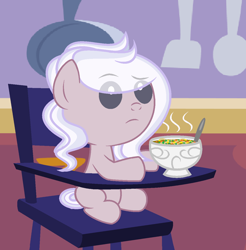 Size: 1224x1244 | Tagged: safe, artist:lominicinfinity, derpibooru import, oc, oc:moon dust, earth pony, pony, baby, baby pony, colt, eye clipping through hair, foal, food, high chair, male, sitting, solo