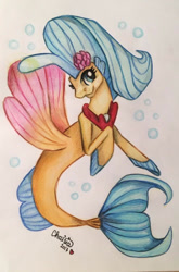 Size: 496x750 | Tagged: safe, artist:chaisia, derpibooru import, princess skystar, seapony (g4), my little pony: the movie, blue eyes, bubble, colored wings, dorsal fin, drawing, female, fin wings, fins, fish tail, flower, flower in hair, flowing mane, flowing tail, freckles, jewelry, necklace, pearl necklace, pencil drawing, signature, smiling, solo, swimming, tail, traditional art, wings