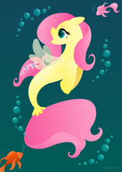 Size: 2059x2912 | Tagged: safe, artist:lavenderrain24, derpibooru import, fluttershy, fish, pegasus, pony, seapony (g4), blue background, bubble, clothes, dorsal fin, eyelashes, female, fin wings, fish tail, flowing mane, flowing tail, green eyes, seaponified, seapony fluttershy, see-through, simple background, smiling, solo, species swap, speedpaint, swimming, tail, underwater, wings