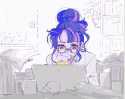 Size: 1677x1324 | Tagged: safe, artist:5mmumm5, derpibooru import, sci-twi, twilight sparkle, equestria girls, bookshelf, computer, food, glasses, hair bun, house plant, laptop computer, limited palette, pen in mouth, solo, tea