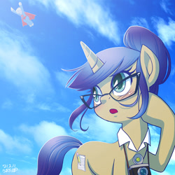 Size: 1000x1000 | Tagged: safe, artist:uotapo, derpibooru import, nosey news, quill (character), oc, pony, unicorn, camera, cloud, crossover, dc comics, female, glasses, mare, ponified, raised hoof, raised leg, sky, superhero, superman