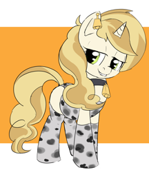 Size: 1312x1516 | Tagged: safe, alternate version, artist:ponerino, derpibooru import, sweet biscuit, pony, unicorn, bedroom eyes, bell, bell collar, clothes, collar, colored, cowbell, cowprint, digital art, ear piercing, earring, jewelry, leather, lip bite, looking at you, piercing, socks, solo, thigh highs