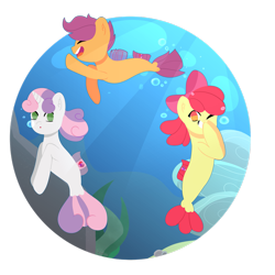 Size: 2449x2449 | Tagged: safe, artist:peachy-bon, derpibooru import, apple bloom, scootaloo, sweetie belle, earth pony, pegasus, pony, seapony (g4), unicorn, crepuscular rays, cutie mark crusaders, dorsal fin, female, fin wings, flowing mane, flowing tail, green eyes, horn, lineless, ocean, one eye closed, open mouth, red eyes, ribbon, sea-mcs, seaponified, seapony apple bloom, seapony scootaloo, seapony sweetie belle, seaquestria, seaweed, simple background, smiling, species swap, sunlight, swimming, tail, transparent background, underwater, water, wings, wink