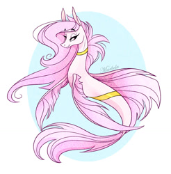 Size: 1280x1299 | Tagged: safe, artist:marbola, derpibooru import, oc, oc only, hybrid, merpony, commission, dorsal fin, eyelashes, female, fins, fish tail, flowing mane, lidded eyes, long mane, long tail, pink mane, purple eyes, signature, simple background, smiling, solo, tail, white background