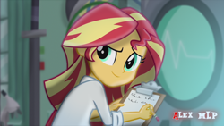 Size: 1920x1080 | Tagged: safe, artist:alex mlp, derpibooru import, edit, edited screencap, screencap, sunset shimmer, equestria girls, clothes, cute, lab coat, laboratory, looking back, pencil, redraw, smiling, solo