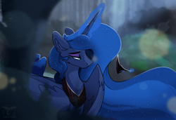 Size: 4800x3275 | Tagged: safe, artist:therealf1rebird, derpibooru import, princess luna, alicorn, pony, female, forest background, horn, magic, magic aura, mare, solo, wings