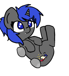 Size: 454x495 | Tagged: safe, artist:two2sleepy, derpibooru import, oc, oc:dream², original species, pony, snake, snake pony, unicorn, chibi, cute, cute little fangs, disembodied hoof, eye clipping through hair, fangs, holding a pony, offscreen character, ponytail, smol, solo