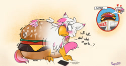 Size: 1280x668 | Tagged: safe, artist:foxxy-arts, derpibooru import, oc, oc:foxxy hooves, hippogriff, burger, female, food, heart, hippogriff oc, inanimate tf, inflatable, phone, restaurant, solo, transformation