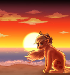 Size: 3000x3200 | Tagged: safe, artist:applejackofalltrades, derpibooru import, applejack, earth pony, pony, applejack's hat, beach, clothes, cowboy hat, hat, loose hair, sitting, smiling, solo, sunset