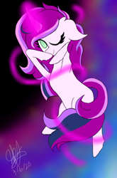 Size: 540x816 | Tagged: safe, artist:aquabright0219, derpibooru import, oc, oc only, pony, unicorn, abstract background, eyelashes, female, glowing horn, horn, mare, one eye closed, signature, solo, unicorn oc, wink