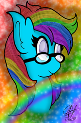 Size: 1080x1632 | Tagged: safe, artist:aquabright0219, derpibooru import, oc, oc only, earth pony, pony, abstract background, bust, ear fluff, ears, earth pony oc, eyelashes, glasses, multicolored hair, rainbow hair, signature, solo
