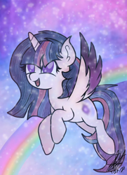 Size: 1080x1494 | Tagged: safe, artist:aquabright0219, derpibooru import, oc, oc only, alicorn, pony, alicorn oc, ear fluff, ears, eyelashes, flying, horn, open mouth, rainbow, signature, smiling, solo, two toned wings, wings