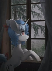 Size: 1500x2039 | Tagged: safe, artist:koviry, derpibooru import, oc, oc only, pony, unicorn, curtains, grass, horn, looking out the window, male, rain, raised tail, smiling, solo, stallion, tail, tree, window