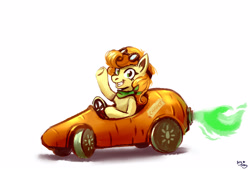 Size: 2800x1900 | Tagged: safe, artist:amy-gamy, derpibooru import, carrot top, golden harvest, earth pony, pony, car, carrot, driving, female, food, goggles, looking at you, mare, simple background, sitting, smiling, smiling at you, solo, waving, white background