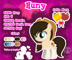 Size: 1024x853 | Tagged: safe, artist:amgiwolf, derpibooru import, oc, oc only, oc:huny, earth pony, pony, abstract background, apple, bow, candy apple (food), earth pony oc, eyelashes, female, filly, food, hair bow, hat, reference sheet, silhouette, smiling