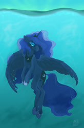 Size: 1280x1957 | Tagged: safe, artist:clomite, derpibooru import, princess luna, alicorn, pony, bubble, colored pupils, crepuscular rays, crown, digital painting, female, flowing mane, flowing tail, hoof shoes, horn, jewelry, lidded eyes, ocean, regalia, sky, solo, tail, underwater, water, wings