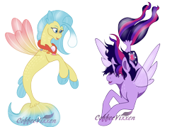 Size: 1400x1000 | Tagged: safe, artist:coffeevixxen, derpibooru import, twilight sparkle, twilight sparkle (alicorn), alicorn, pony, seapony (g4), bioluminescent, blue eyes, colored wings, dorsal fin, female, fin wings, fins, fish tail, flowing mane, flowing tail, freckles, horn, jewelry, looking at each other, necklace, open mouth, pearl necklace, purple eyes, seaponified, seapony twilight, seashell, seashell necklace, simple background, smiling, species swap, swimming, tail, transparent background, watermark, wings