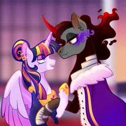 Size: 1024x1024 | Tagged: safe, artist:fourteennails, derpibooru import, king sombra, twilight sparkle, twilight sparkle (alicorn), alicorn, pony, female, height difference, holding hooves, hoof shoes, looking at each other, male, mare, shipping, sombra eyes, stallion, straight, twibra