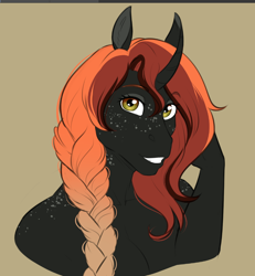 Size: 778x841 | Tagged: safe, artist:askbubblelee, oc, oc only, oc:bubble lee, anthro, unicorn, anthro oc, curved horn, digital art, female, freckles, grin, horn, inverted colors, mare, simple background, smiling, solo, unicorn oc