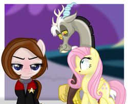 Size: 1920x1559 | Tagged: safe, artist:grapefruitface1, discord, fluttershy, draconequus, earth pony, pegasus, pony, base used, crossover, discoshy, distracted boyfriend meme, female, kathryn janeway, looking at butt, male, pervert, ponified, shipping, star trek, star trek: voyager, straight, vector used, voice actor joke