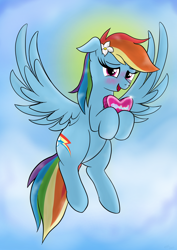 Size: 2480x3508 | Tagged: safe, artist:eel's stuff, rainbow dash, pegasus, pony, blue coat, blue wings, blushing, cute, dashabetes, female, flower, flower in hair, flying, heart, hearts and hooves day, holiday, implied anon, looking at you, mare, multicolored mane, multicolored tail, open mouth, sky, sky background, smiling, solo, spread wings, talking to viewer, valentine's day, wings