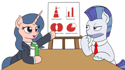 Size: 1920x1080 | Tagged: safe, artist:mkogwheel, oc, oc only, oc:calcium chill, oc:cans churner, earth pony, pony, unicorn, business deal, business suit, businessmare, clothes, duo, female, hoof on chin, male, mare, milk, milk carton, necktie, open mouth, raised hoof, raised leg, simple background, stallion, stubble, suit, tie, white background