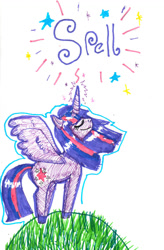 Size: 974x1486 | Tagged: safe, artist:mexicangirl12, derpibooru import, twilight sparkle, twilight sparkle (alicorn), alicorn, pony, eyes closed, horn, inktober, inktober 2018, looking up, smiling, solo, traditional art, wings