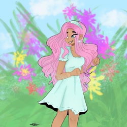 Size: 1080x1080 | Tagged: safe, artist:_denart, derpibooru import, fluttershy, human, clothes, cloud, dark skin, dress, female, flower, humanized, signature, solo