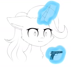 Size: 1874x1758 | Tagged: safe, alternate version, artist:aleuoliver, derpibooru import, starlight glimmer, pony, unicorn, :i, cz 75, glowing horn, gun, handgun, horn, i mean i see, lineart, magic, partial color, pistol, scene interpretation, simple background, solo, telekinesis, weapon, white background