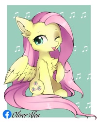 Size: 1080x1349 | Tagged: safe, artist:aleuoliver, derpibooru import, fluttershy, pegasus, pony, :p, abstract background, chest fluff, cute, ear fluff, ears, female, mare, one eye closed, raised hoof, raised leg, shyabetes, sitting, smiling, solo, tongue out, wings, wink