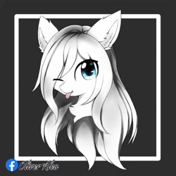 Size: 2000x2000 | Tagged: safe, artist:aleuoliver, derpibooru import, oc, oc only, earth pony, pony, :p, abstract background, bust, chest fluff, ear fluff, ears, earth pony oc, eye clipping through hair, one eye closed, solo, tongue out, wink