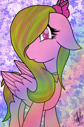 Size: 1080x1632 | Tagged: safe, artist:aquabright0219, derpibooru import, oc, oc only, pegasus, pony, abstract background, bow, eyelashes, hair bow, jewelry, necklace, pegasus oc, signature, solo, wings