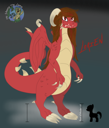 Size: 2455x2872 | Tagged: safe, artist:shappy the lamia, derpibooru import, oc, oc:lorien, draconequus, dragon, earth pony, pony, semi-anthro, blood, claws, danger, dragon horns, dragon tail, dragoness, fangs, female, horn, reptile, scales, size difference, solo, spanish, wings