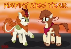 Size: 2348x1625 | Tagged: safe, artist:banquo0, derpibooru import, arizona cow, autumn blaze, cow, kirin, them's fightin' herds, bandana, chinese new year, cloven hooves, community related, duo, female, horn, neckerchief, open mouth, raised hoof, raised leg, year of the ox