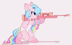 Size: 2026x1268 | Tagged: safe, artist:little-sketches, derpibooru import, oc, oc only, oc:misha, pegasus, pony, bow, choker, commission, female, gun, mare, rifle, simple background, sniper, solo, tail bow, two toned wings, weapon, wings