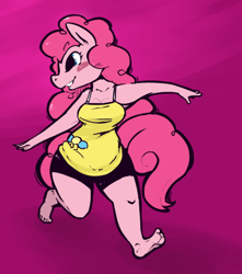 Size: 436x494 | Tagged: safe, artist:leadshoes, derpibooru import, pinkie pie, anthro, earth pony, plantigrade anthro, barefoot, blushing, breasts, cleavage, clothes, cutie mark, cutie mark on clothes, feet, female, grin, mare, pinkie pies, shorts, smiling, solo, tanktop