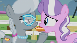 Size: 1280x720 | Tagged: safe, derpibooru import, edit, edited screencap, editor:i-shooped-a-pwny, screencap, diamond tiara, silver spoon, crusaders of the lost mark, alternate cutie mark, food, force feeding, hot dog, hot dog and bun, meat, sausage, why