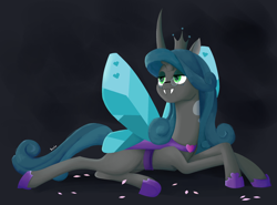Size: 2300x1700 | Tagged: safe, artist:biocrine, derpibooru import, queen chrysalis, reversalis, changeling, changeling queen, black background, fangs, female, glasses, holiday, prone, simple background, solo, valentine's day
