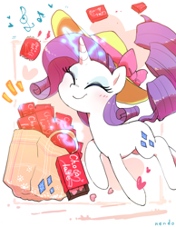 Size: 1200x1550 | Tagged: safe, artist:nendo, derpibooru import, rarity, pony, unicorn, bag, blushing, chocolate, cute, eyes closed, female, food, glowing horn, happy, hat, heart, holiday, horn, magic, mare, music notes, raribetes, shopping bags, simple background, smiling, solo, telekinesis, valentine's day