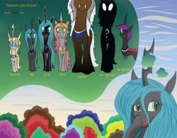 Size: 3277x2550 | Tagged: safe, artist:arkolo, derpibooru import, queen chrysalis, oc, oc:crone, oc:king specter, oc:queen monarch, oc:queen more, oc:shellish, changeling, changeling queen, fanfic:chrysalis wins, changeling queen oc, fanfic art, purple changeling, thought bubble, yellow changeling