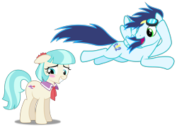 Size: 11041x7970 | Tagged: safe, artist:dashiesparkle, artist:frownfactory, artist:lahirien, derpibooru import, edit, coco pommel, soarin', pony, made in manehattan, rainbow falls, .svg available, absurd resolution, blue hair, blue mane, blue tail, blushing, cocobetes, cute, distracted, female, flying, goggles, green eyes, inkscape, male, ponyscape, shipping, simple background, soarinpommel, stallion, straight, transparent background, vector, wings, wonderbolts