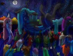 Size: 3300x2550 | Tagged: safe, artist:arkolo, derpibooru import, queen chrysalis, oc, oc:king specter, oc:love, changeling, draconequus, fanfic:chrysalis wins, cheering, crowd, crowd surfing, fanfic art, grin, nervous, nervous grin, ocean, purple changeling, smiling, wet, wet mane