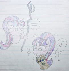 Size: 2160x2230 | Tagged: safe, artist:tiga mega, derpibooru import, starlight glimmer, pony, unicorn, equal cutie mark, infinity gauntlet, lined paper, solo, staff, staff of sacanas, traditional art